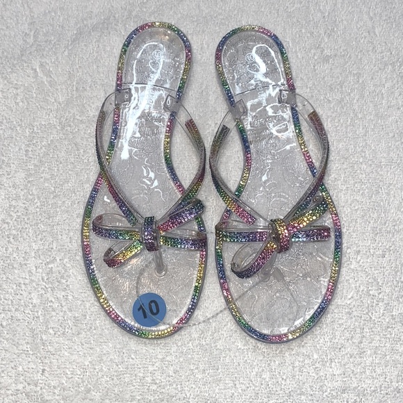 NWT Forever Clear Rainbow Rhinestone Bow Jelly Flip Flop Various Sizes - Picture 3 of 8
